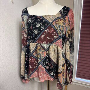 American Eagle Patchwork Floral Blouse Sz M Long Sleeve Sheer Tie Back Peasant